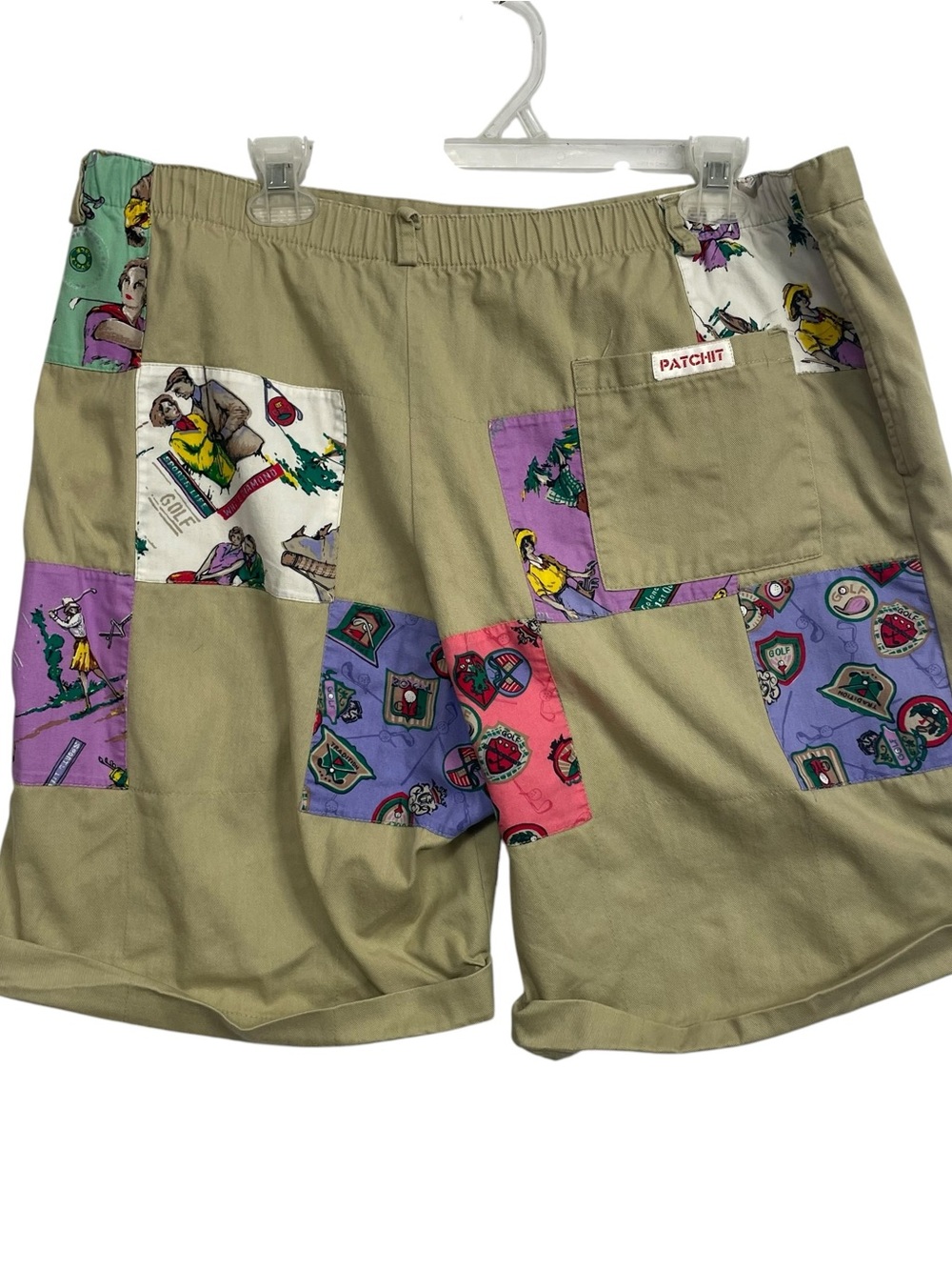 PatchIt Golf Print Patchwork Khaki Cotton Shorts Size Large Funky Retro - Picture 4 of 14